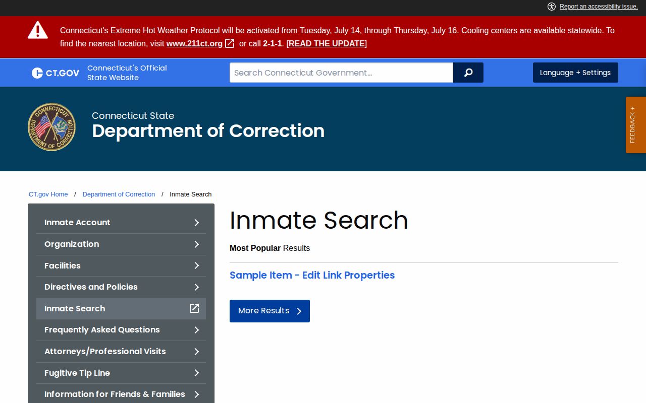 Waterbury County released inmate CT DOC search landing page