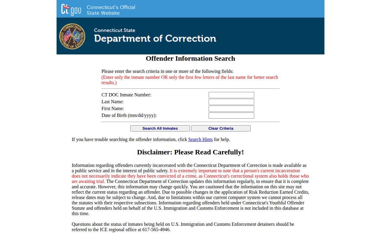 Waterbury 72 hour release check using the CT DOC inmate information search